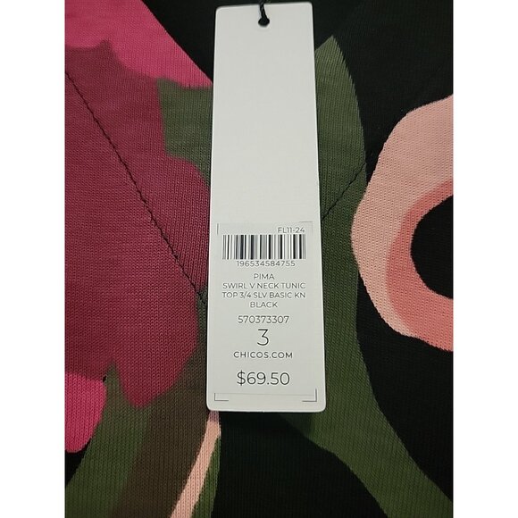 Chico's 3 Swirl V-Neck Tunic Pima Cotton Black Burgandy Green XL NWT - Picture 6 of 6